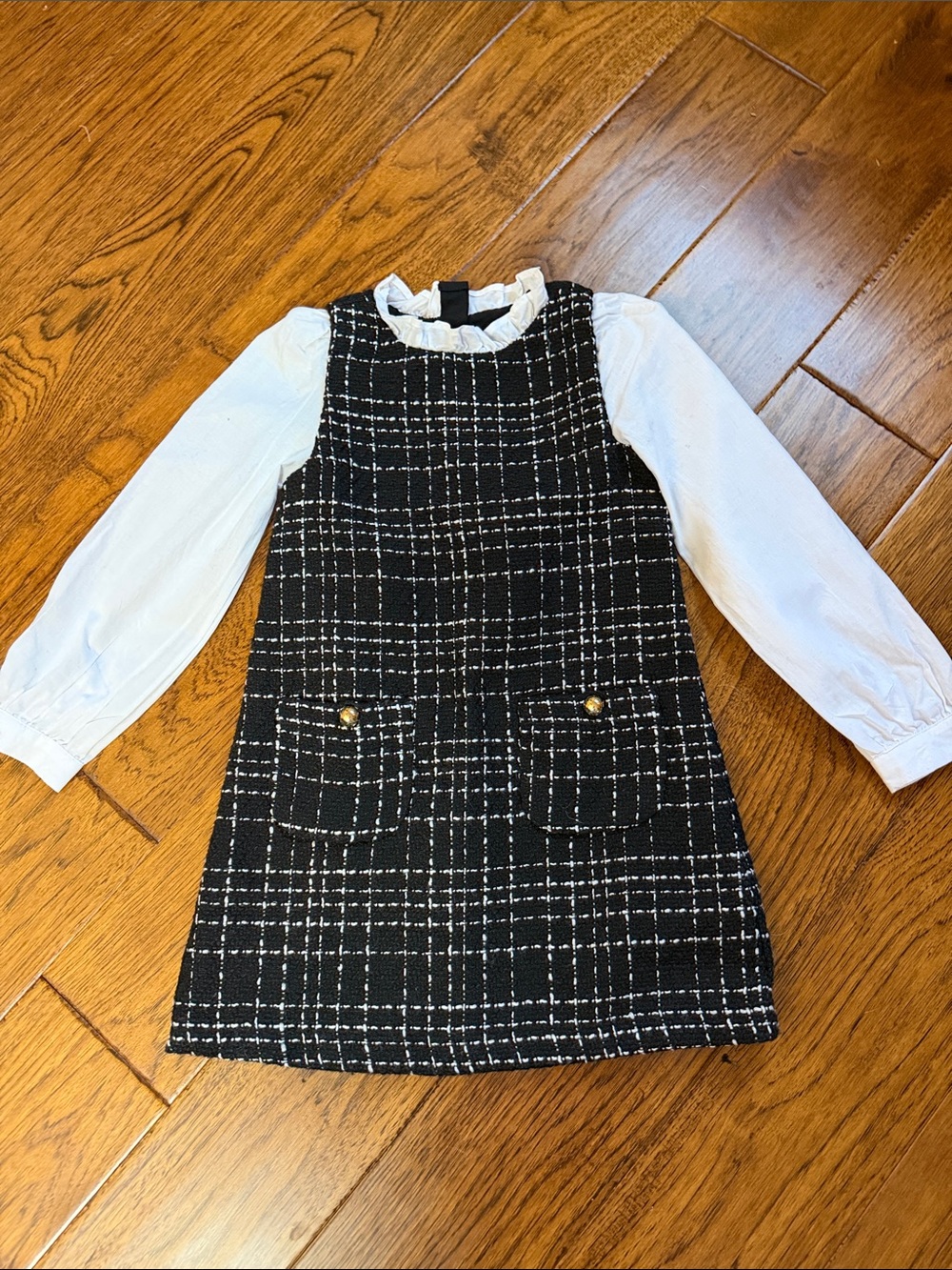 Girls Black & White Tweed Dress with White Sleeves